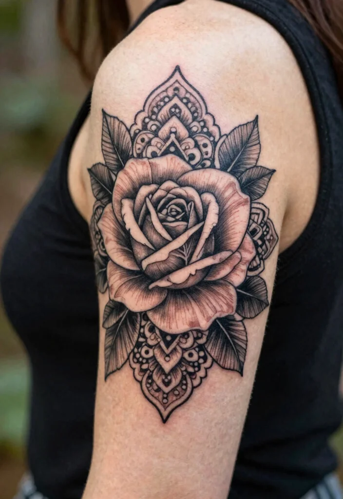 16 Neotraditional Rose Tattoo Ideas With Bold Shading - 12. Floral Mandala Rose Combination 1