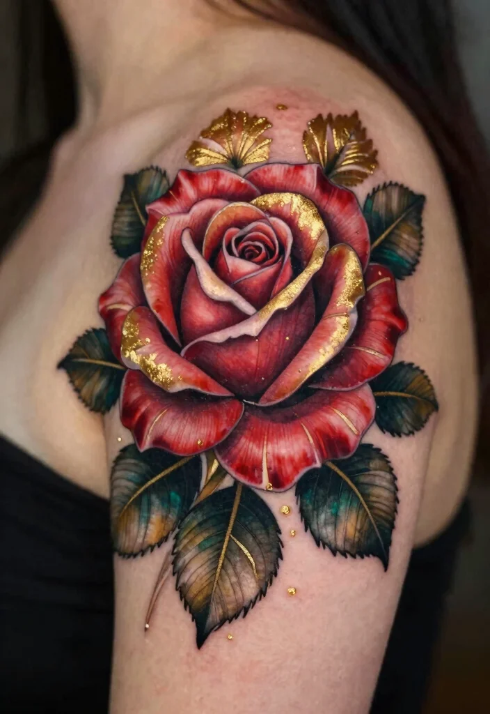 16 Neotraditional Rose Tattoo Ideas With Bold Shading - 14. Luxury Rose with Golden Accents 1