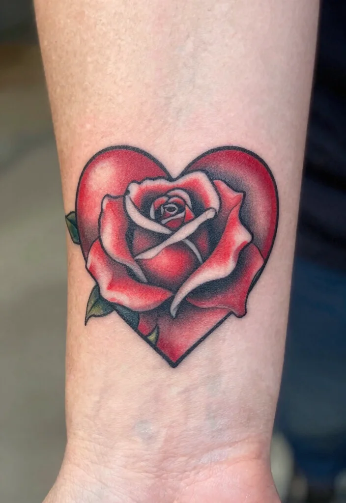 16 Neotraditional Rose Tattoo Ideas With Bold Shading - 15. Heart-Shaped Rose Design 1