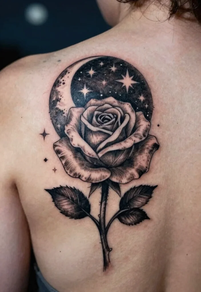 16 Neotraditional Rose Tattoo Ideas With Bold Shading - 16. Celestial Rose with Stars and Moon 1