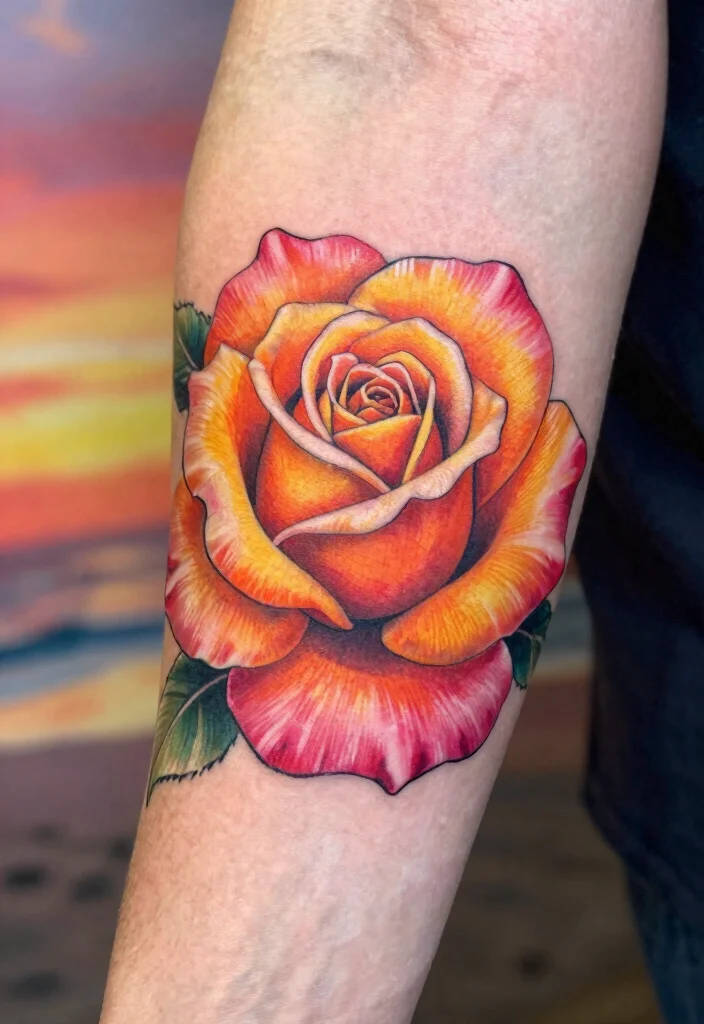 16 Neotraditional Rose Tattoo Ideas With Bold Shading - 2. Sunset Rose with Warm Tones 1