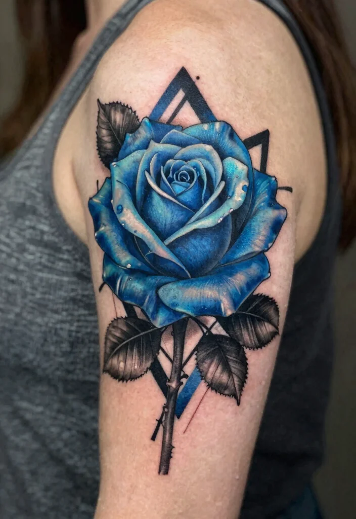 16 Neotraditional Rose Tattoo Ideas With Bold Shading - 3. Blue Rose with Geometric Elements 1