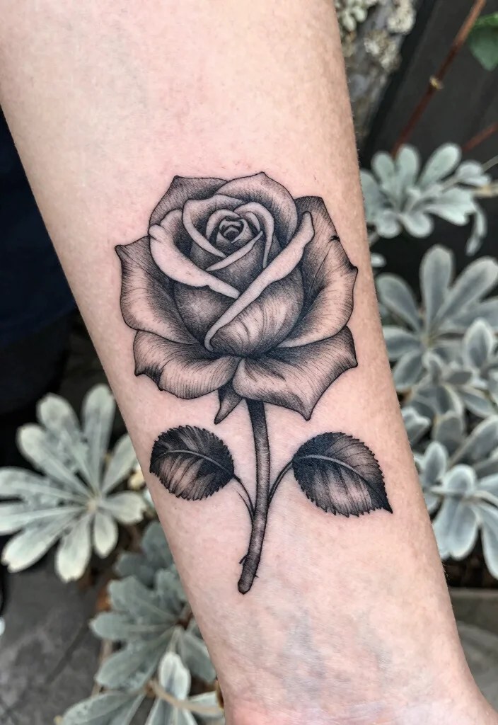 16 Neotraditional Rose Tattoo Ideas With Bold Shading - 4. Black and Gray Rose with Fine Details 1