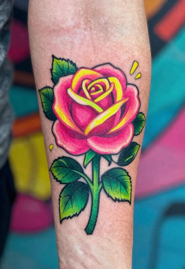 16 Neotraditional Rose Tattoo Ideas With Bold Shading - 5. Neon Rose with Bright Color Pop 1