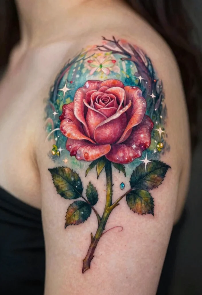 16 Neotraditional Rose Tattoo Ideas With Bold Shading - 8. Enchanted Rose with Whimsical Elements 1