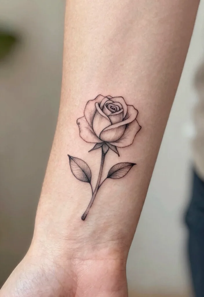 16 Neotraditional Rose Tattoo Ideas With Bold Shading - 9. Minimalist Rose Outline with Subtle Shading 1