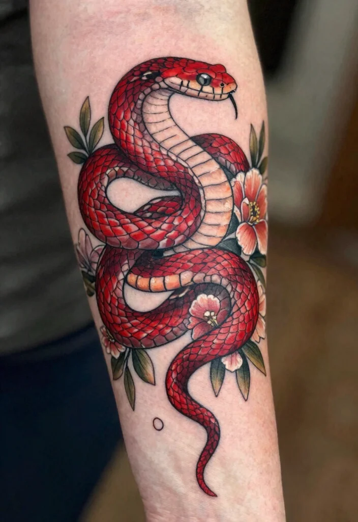 16 Red Snake Tattoo Ideas With Bold Fiery Energy 1 16 Red Snake Tattoo Ideas With Bold Fiery Energy - 1. The Classic Red Coiled Snake 1