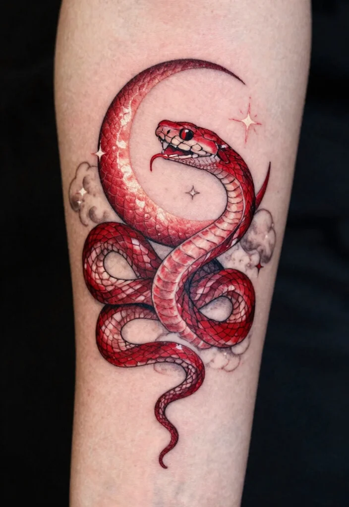 16 Red Snake Tattoo Ideas With Bold Fiery Energy 41 16 Red Snake Tattoo Ideas With Bold Fiery Energy - 11. The Snake and Moon 1