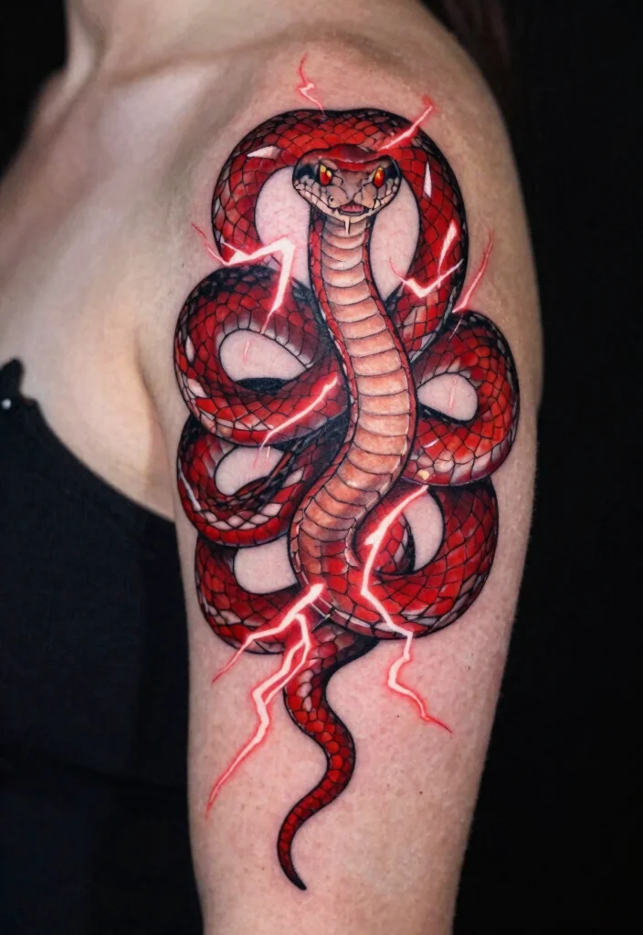 16 Red Snake Tattoo Ideas With Bold Fiery Energy 53 16 Red Snake Tattoo Ideas With Bold Fiery Energy - 13. The Serpent with Lightning 1