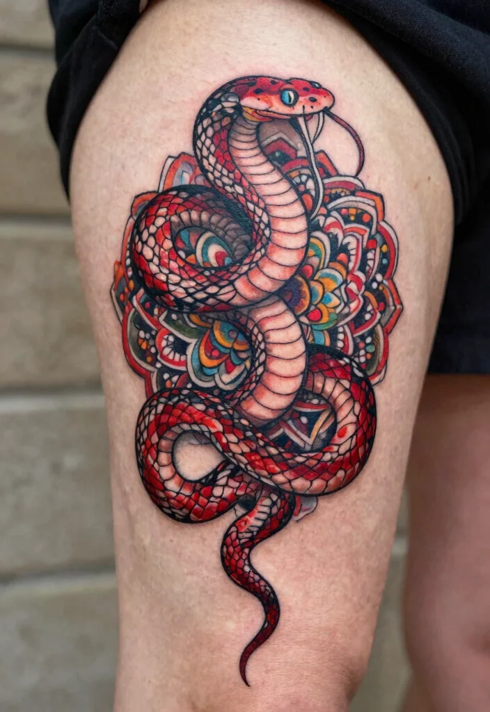 16 Red Snake Tattoo Ideas With Bold Fiery Energy 54 16 Red Snake Tattoo Ideas With Bold Fiery Energy - 14. The Snake with Mandala 1