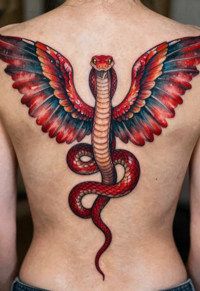 16 Red Snake Tattoo Ideas With Bold Fiery Energy 56 16 Red Snake Tattoo Ideas With Bold Fiery Energy - 16. The Serpent with Wings 1