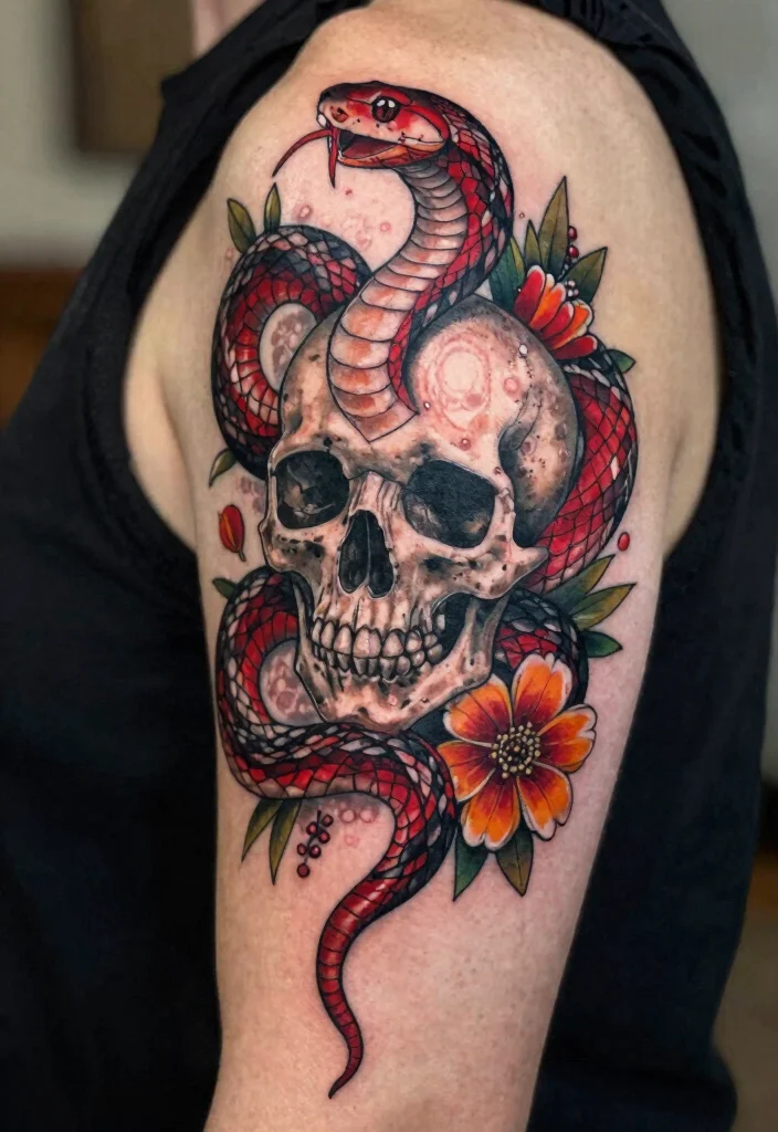 16 Red Snake Tattoo Ideas With Bold Fiery Energy 14 16 Red Snake Tattoo Ideas With Bold Fiery Energy - 4. The Snake and Skull Design 1