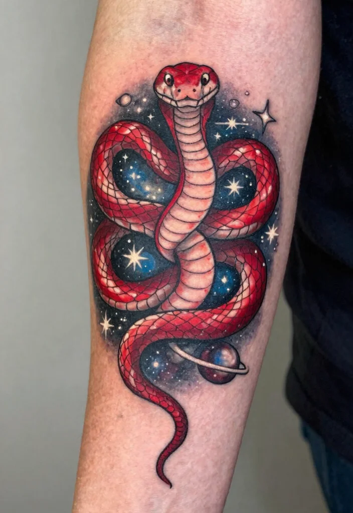 16 Red Snake Tattoo Ideas With Bold Fiery Energy 15 16 Red Snake Tattoo Ideas With Bold Fiery Energy - 5. The Celestial Snake 1