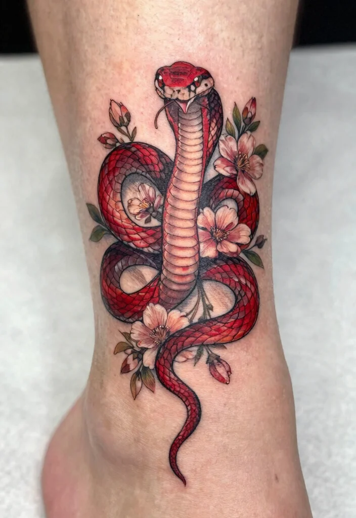 16 Red Snake Tattoo Ideas With Bold Fiery Energy 16 16 Red Snake Tattoo Ideas With Bold Fiery Energy - 6. The Floral Snake Design 1