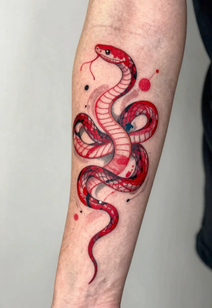 16 Red Snake Tattoo Ideas With Bold Fiery Energy 17 16 Red Snake Tattoo Ideas With Bold Fiery Energy - 7. The Abstract Red Snake 1