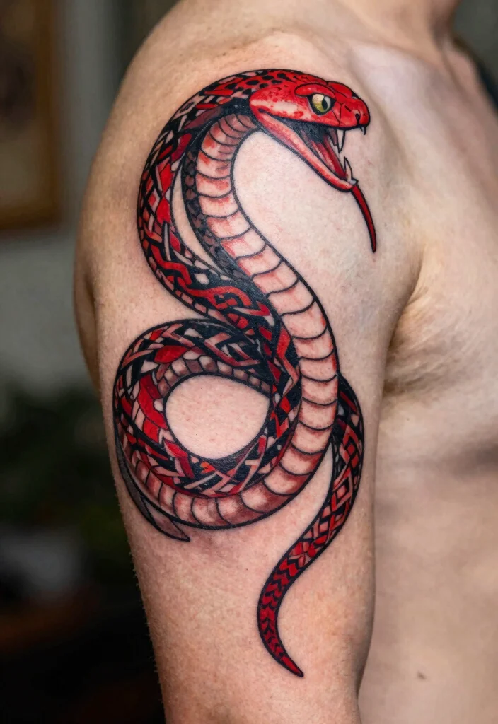 16 Red Snake Tattoo Ideas With Bold Fiery Energy 39 16 Red Snake Tattoo Ideas With Bold Fiery Energy - 9. The Tribal Red Snake 1
