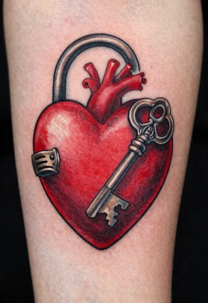 16 Traditional Tattoo Heart Ideas With Classic Ink Vibes - 11. Heart with a Lock and Key 1