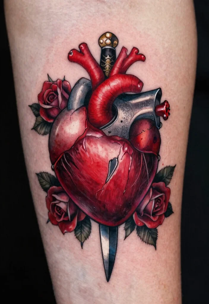 16 Traditional Tattoo Heart Ideas With Classic Ink Vibes - 14. Dagger Through Heart 1