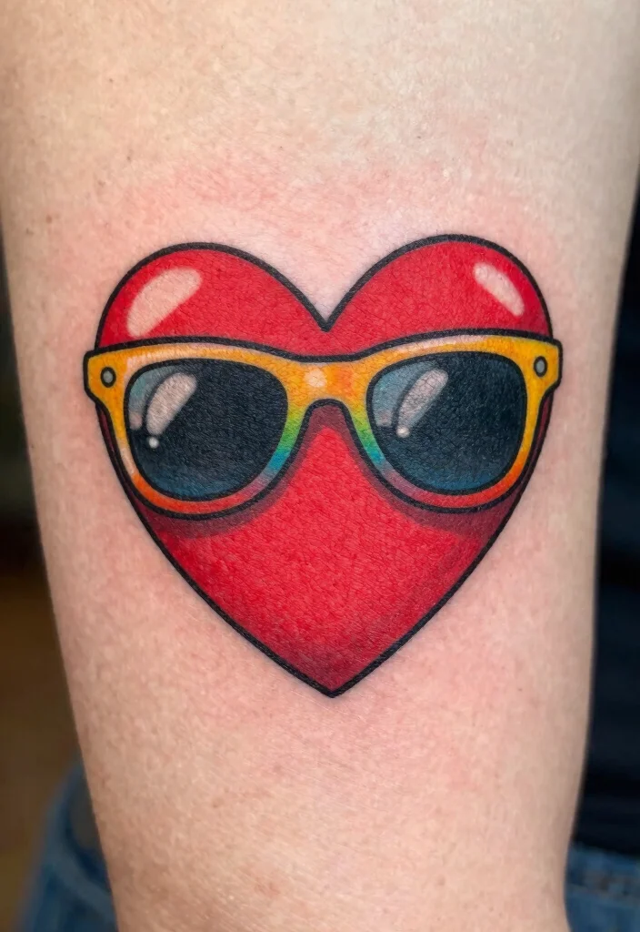 16 Traditional Tattoo Heart Ideas With Classic Ink Vibes - 16. Retro Heart with Sunglasses 1