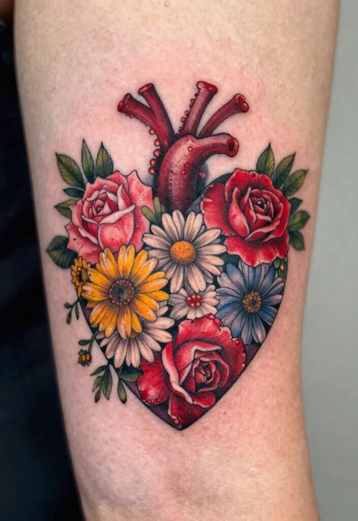 16 Traditional Tattoo Heart Ideas With Classic Ink Vibes - 2. Floral Heart Medley 1