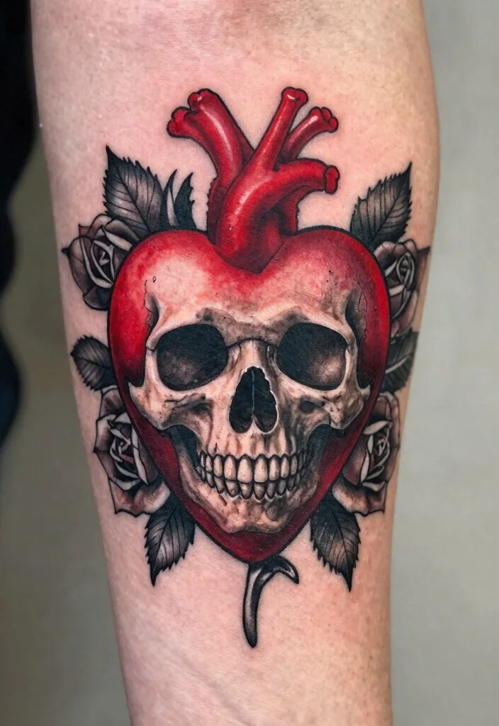 16 Traditional Tattoo Heart Ideas With Classic Ink Vibes - 4. Skull Heart Combo 1