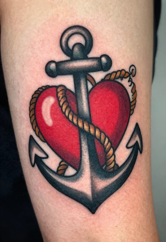 16 Traditional Tattoo Heart Ideas With Classic Ink Vibes - 5. Heart and Anchor 1