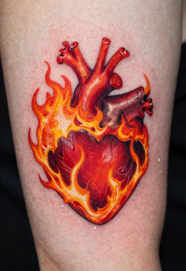 16 Traditional Tattoo Heart Ideas With Classic Ink Vibes - 9. Heart in Flames 1