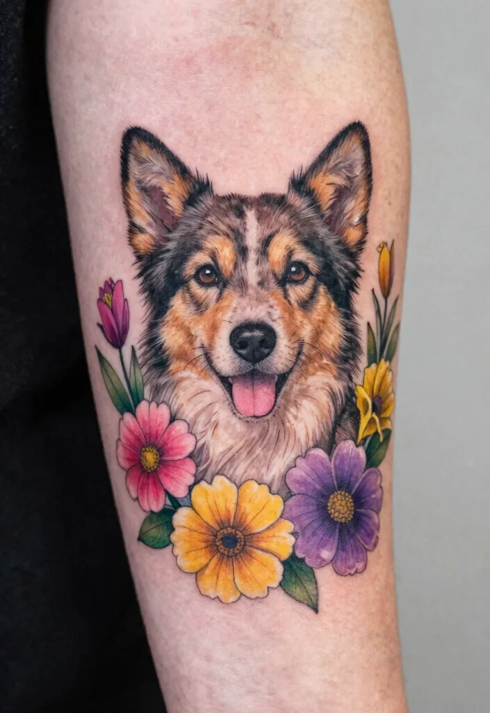 16 Year of the Dog Tattoo Ideas With Zodiac Symbolism - 10. Dog with Flowers 1