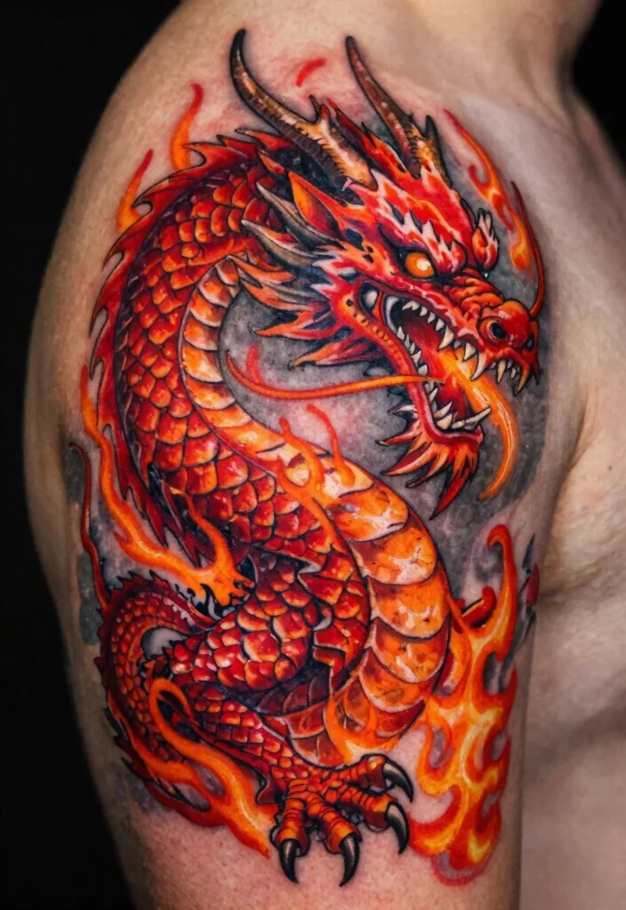 17 Dragon Shoulder Tattoo Ideas With Dynamic Motion 1 17 Dragon Shoulder Tattoo Ideas With Dynamic Motion - 1. The Fiery Dragon 1