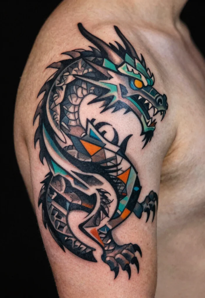17 Dragon Shoulder Tattoo Ideas With Dynamic Motion 50 17 Dragon Shoulder Tattoo Ideas With Dynamic Motion - 10. The Geometric Dragon 1