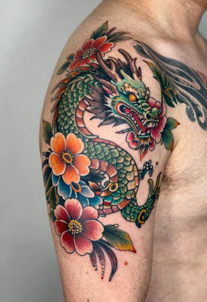 17 Dragon Shoulder Tattoo Ideas With Dynamic Motion 51 17 Dragon Shoulder Tattoo Ideas With Dynamic Motion - 11. The Floral Dragon 1