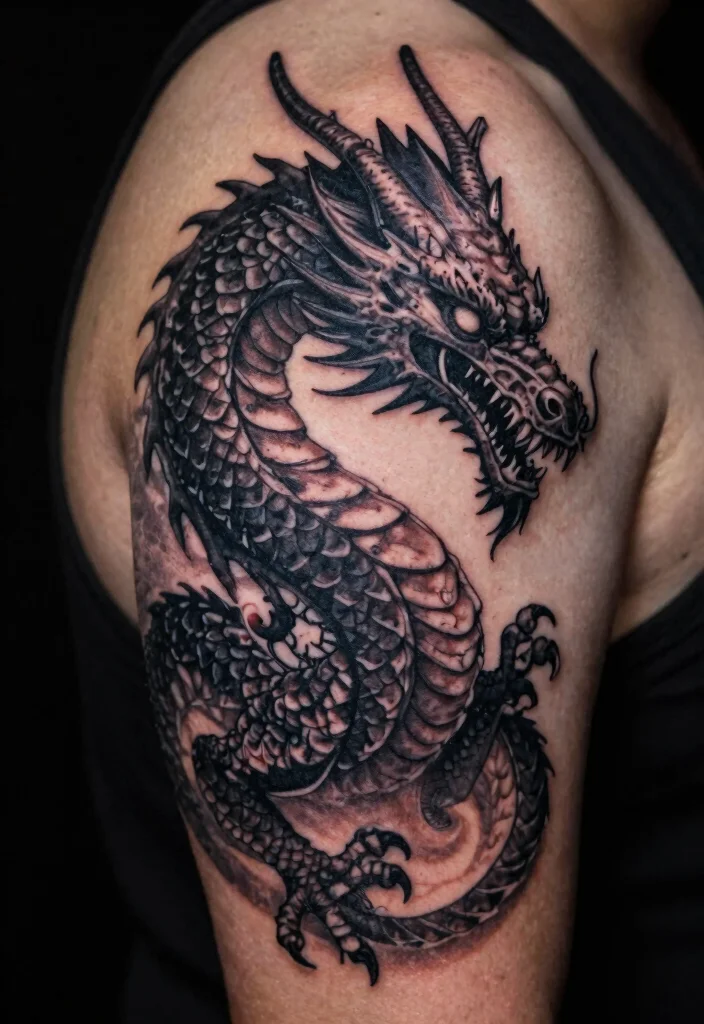 17 Dragon Shoulder Tattoo Ideas With Dynamic Motion 52 17 Dragon Shoulder Tattoo Ideas With Dynamic Motion - 12. The Shadow Dragon 1