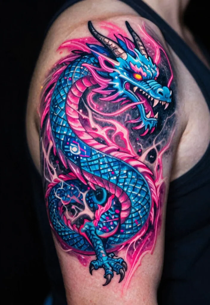 17 Dragon Shoulder Tattoo Ideas With Dynamic Motion 65 17 Dragon Shoulder Tattoo Ideas With Dynamic Motion - 15. The Electric Dragon 1
