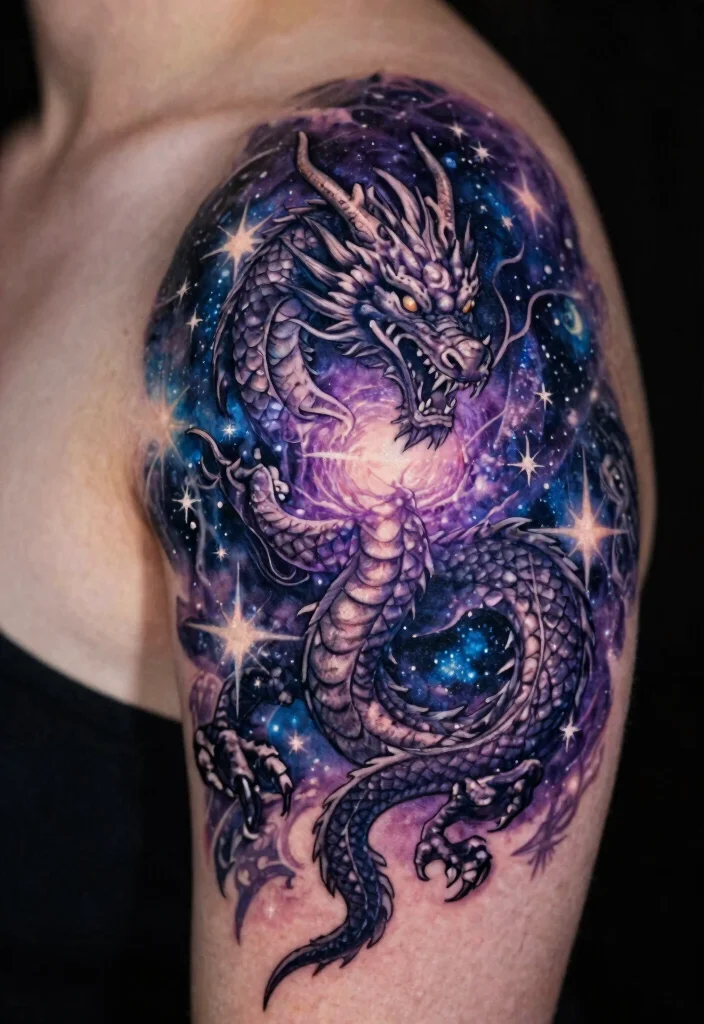 17 Dragon Shoulder Tattoo Ideas With Dynamic Motion 66 17 Dragon Shoulder Tattoo Ideas With Dynamic Motion - 16. The Cosmic Dragon 1