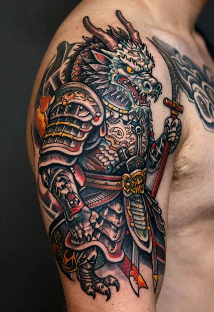 17 Dragon Shoulder Tattoo Ideas With Dynamic Motion 67 17 Dragon Shoulder Tattoo Ideas With Dynamic Motion - 17. The Warrior Dragon 1