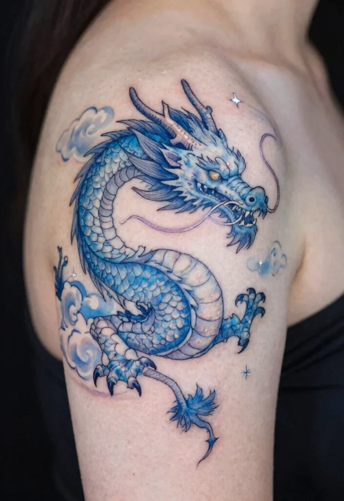 17 Dragon Shoulder Tattoo Ideas With Dynamic Motion 12 17 Dragon Shoulder Tattoo Ideas With Dynamic Motion - 2. The Celestial Dragon 1