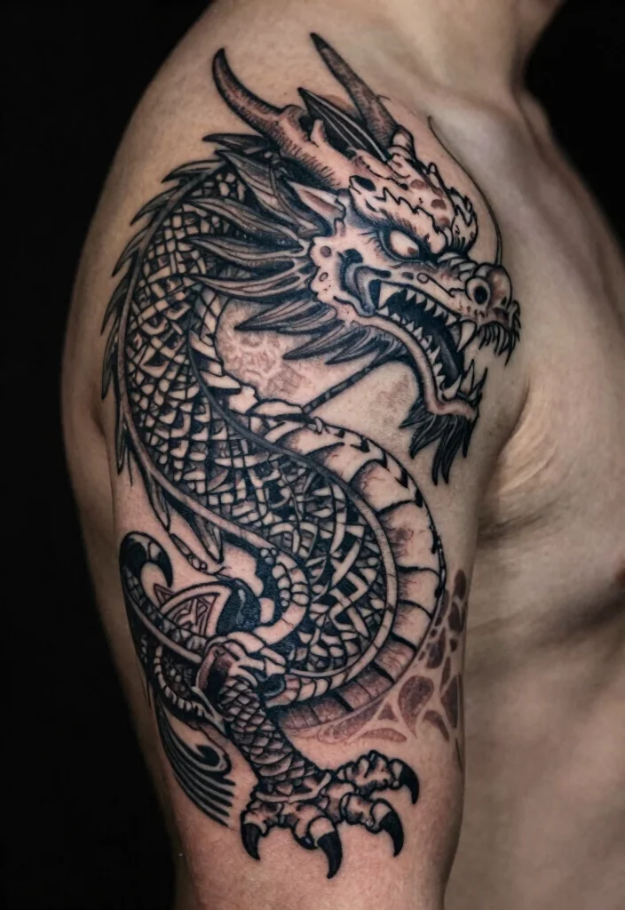 17 Dragon Shoulder Tattoo Ideas With Dynamic Motion 23 17 Dragon Shoulder Tattoo Ideas With Dynamic Motion - 3. The Ancient Guardian 1