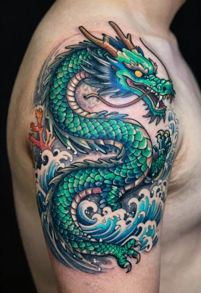 17 Dragon Shoulder Tattoo Ideas With Dynamic Motion 34 17 Dragon Shoulder Tattoo Ideas With Dynamic Motion - 4. The Water Dragon 1