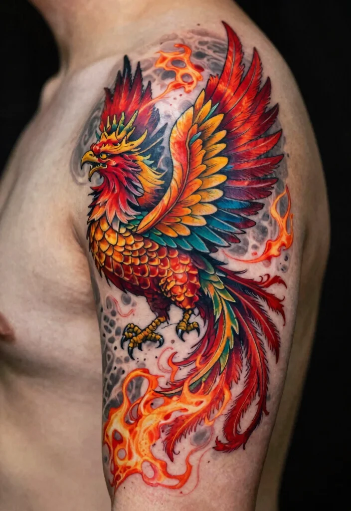 17 Dragon Shoulder Tattoo Ideas With Dynamic Motion 36 17 Dragon Shoulder Tattoo Ideas With Dynamic Motion - 6. The Mythical Phoenix-Dragon Hybrid 1