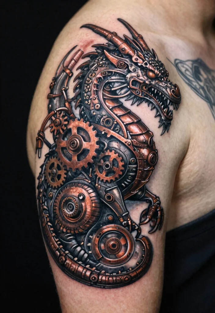 17 Dragon Shoulder Tattoo Ideas With Dynamic Motion 37 17 Dragon Shoulder Tattoo Ideas With Dynamic Motion - 7. The Steampunk Dragon 1