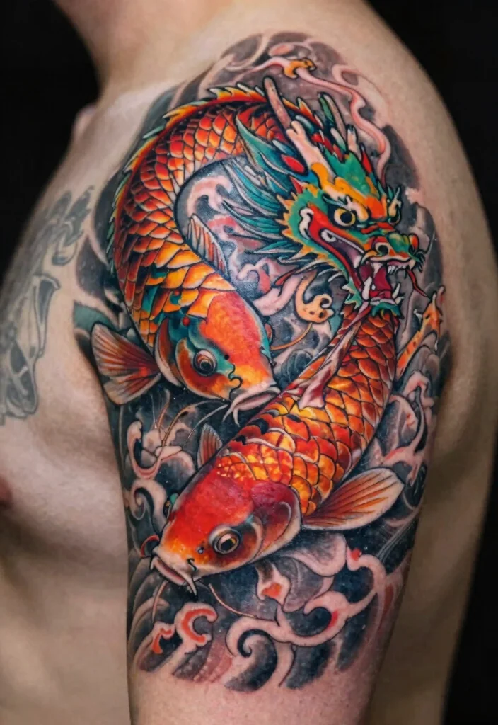 17 Dragon Shoulder Tattoo Ideas With Dynamic Motion 48 17 Dragon Shoulder Tattoo Ideas With Dynamic Motion - 8. The Koi-Dragon Fusion 1
