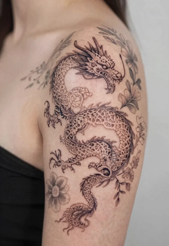 17 Dragon Shoulder Tattoo Ideas With Dynamic Motion 49 17 Dragon Shoulder Tattoo Ideas With Dynamic Motion - 9. The Intricate Lace Dragon 1