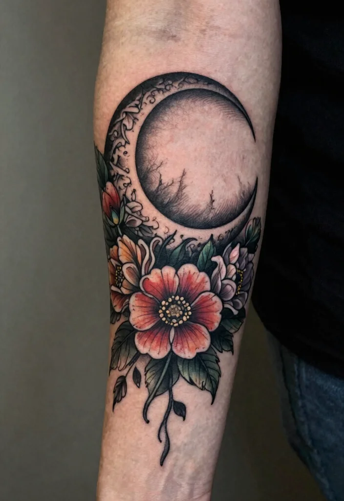 17 Gothic Arm Tattoo Ideas With Dark Elegance 36 17 Gothic Arm Tattoo Ideas With Dark Elegance - 6. Crescent Moon Florals 1