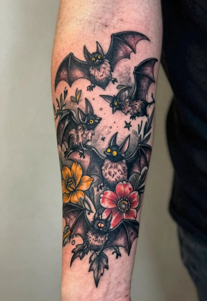 17 Gothic Arm Tattoo Ideas With Dark Elegance 49 17 Gothic Arm Tattoo Ideas With Dark Elegance - 9. Whimsical Bats and Flowers 1