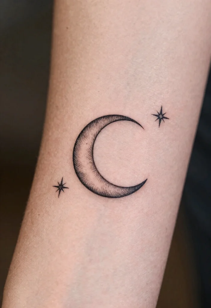 17 Moon Star Sun Tattoo Ideas With Celestial Balance - 1. Crescent Moon and Stars 1