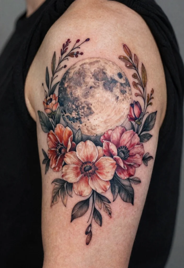 17 Moon Star Sun Tattoo Ideas With Celestial Balance - 11. Floral Celestial Tattoos 1
