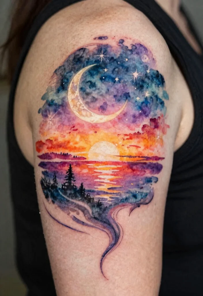 17 Moon Star Sun Tattoo Ideas With Celestial Balance - 16. Ethereal Watercolor Tattoos 1