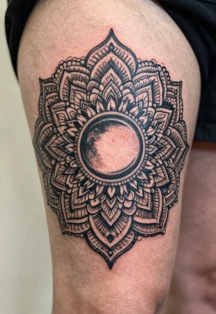 17 Moon Star Sun Tattoo Ideas With Celestial Balance - 9. Sun and Moon Mandala 1