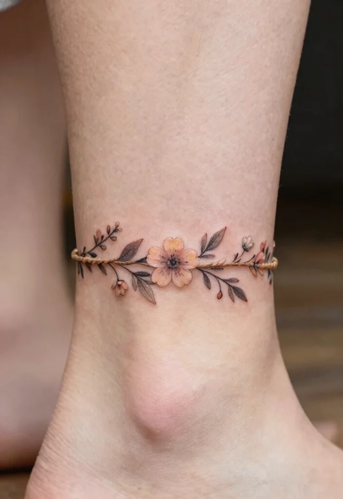 17 Neo Traditional Tattoo Flash Ideas With Bold Color - 11. Delicate Floral Ankle Bands 1