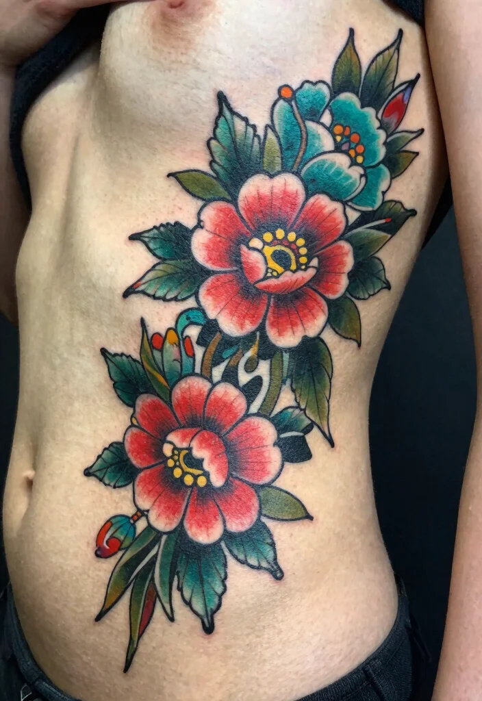17 Neo Traditional Tattoo Flash Ideas With Bold Color - 12. Floral Side Panels 1